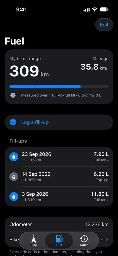 Fuel screen with bike range, measured mileage and a list of fill-ups.