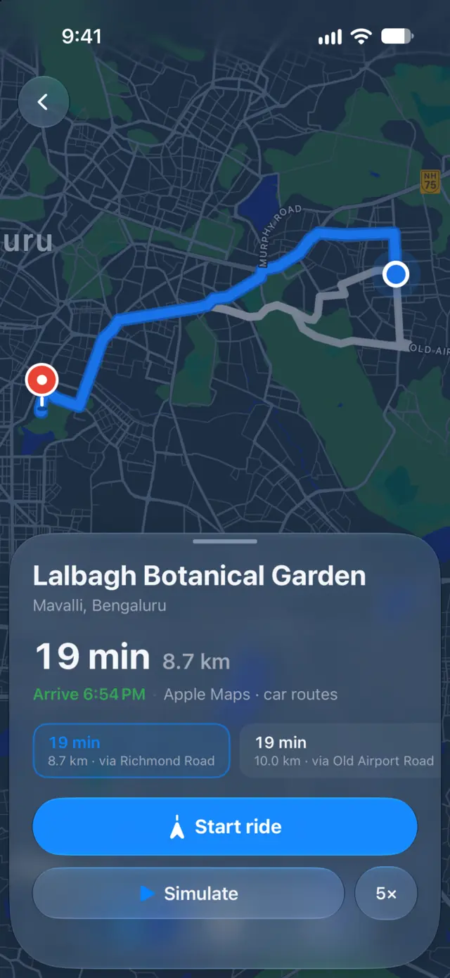Route preview to Lalbagh Botanical Garden: 19 minutes and 8.7 km, with two routes to choose from and a Start ride button.