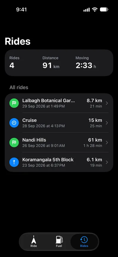 Rides screen with total rides, distance and moving time, and a list of recent rides.
