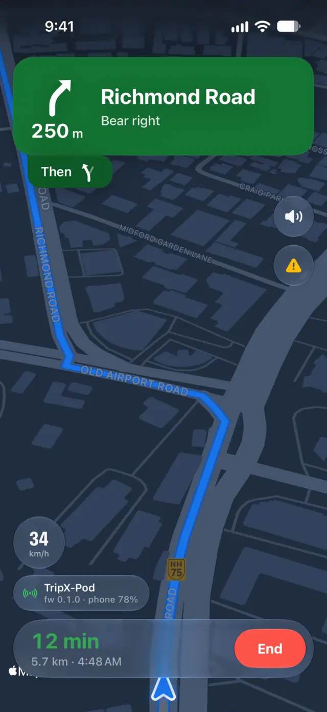 Riding: bear right onto Richmond Road in 250 metres, with the route on a dark map and 12 minutes to go.