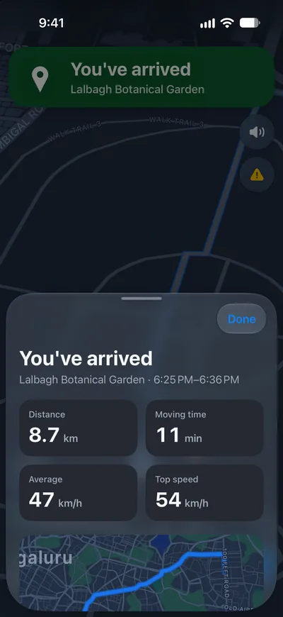 Arrival summary with distance, moving time, average speed, top speed and a map of the route.