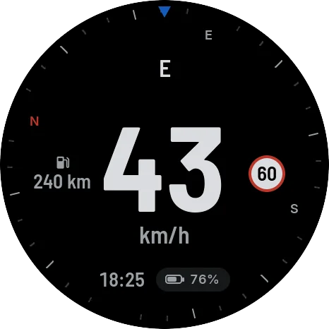 The pod's cruise screen at night, showing speed, compass, fuel range, the time and the pod's battery level.