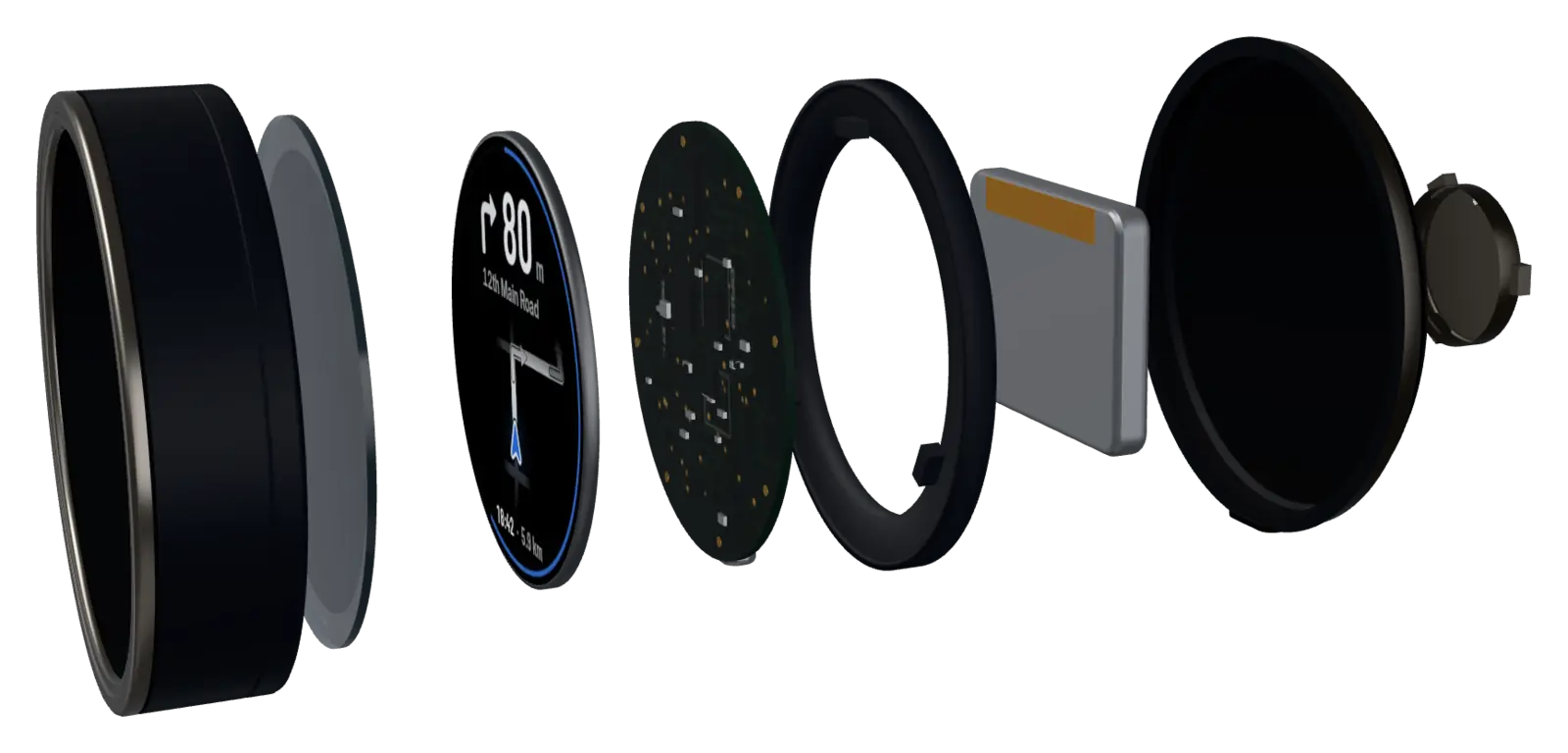 The pod taken apart along its axis: front shell, cover lens, display, board, chassis, battery, rear housing and mount interface.