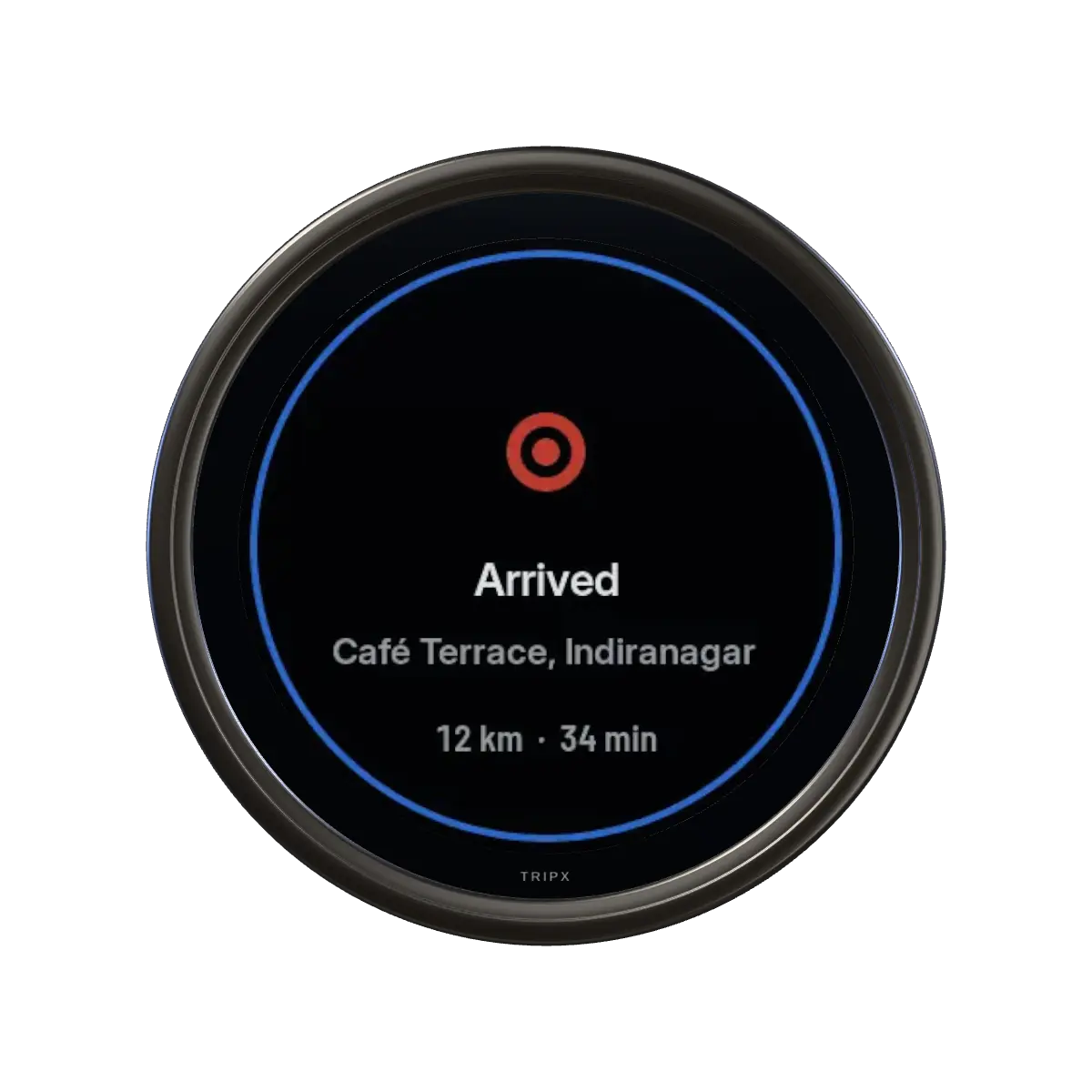The TRIPX pod head-on, showing Arrived: Café Terrace, Indiranagar, after 12 km and 34 minutes.