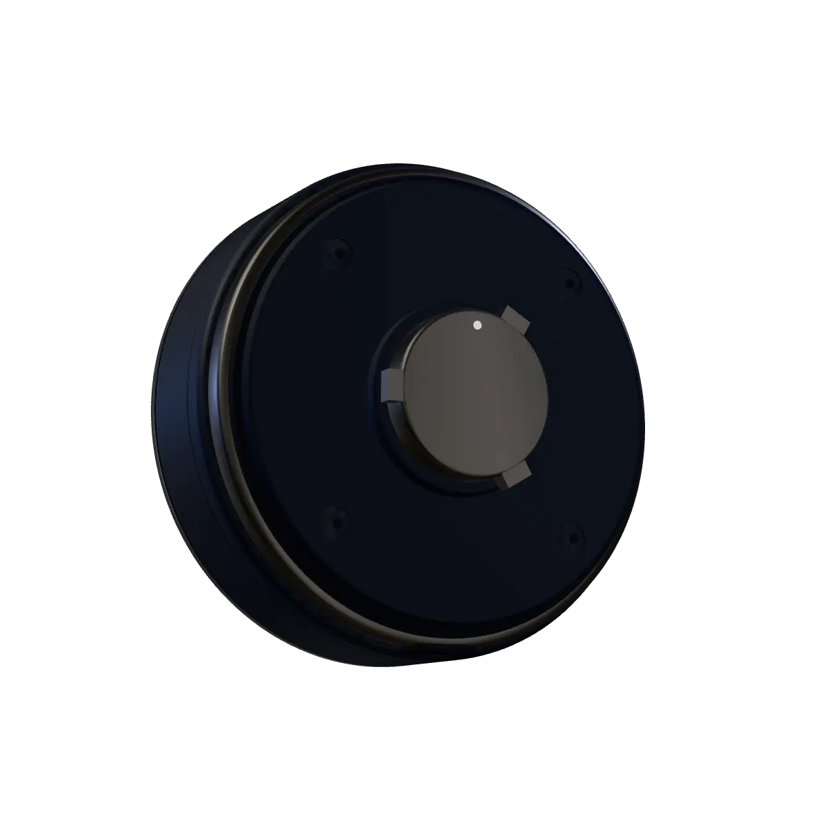 The back of the pod: four screws, a stepped edge and the quarter-turn interface in the centre.