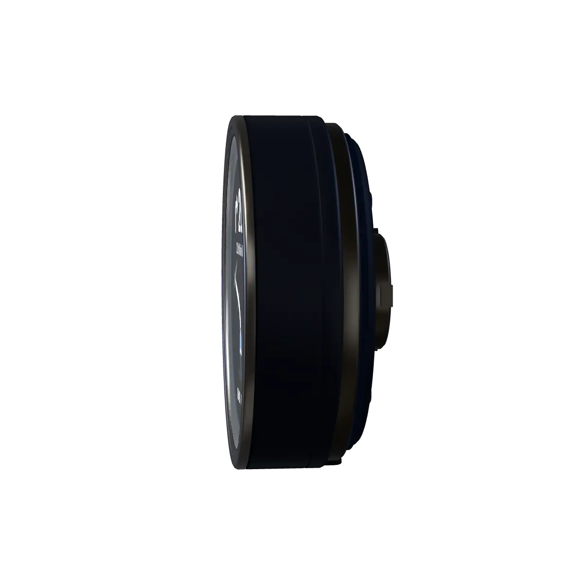 The pod in side profile: a thin gunmetal front rim, a slim matte black body and a stepped back with a centre boss.