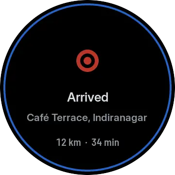 Arrived at Café Terrace, Indiranagar, after 12 km and 34 minutes.