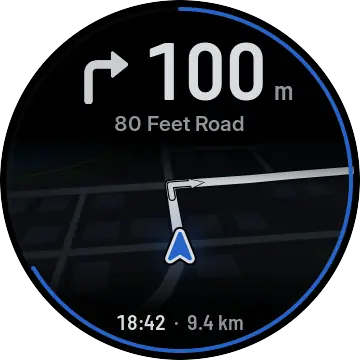 Full map: a tilted street map with the route turning right onto 80 Feet Road in 100 metres.