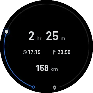 Journey: time left, start and arrival time and distance on an arc.